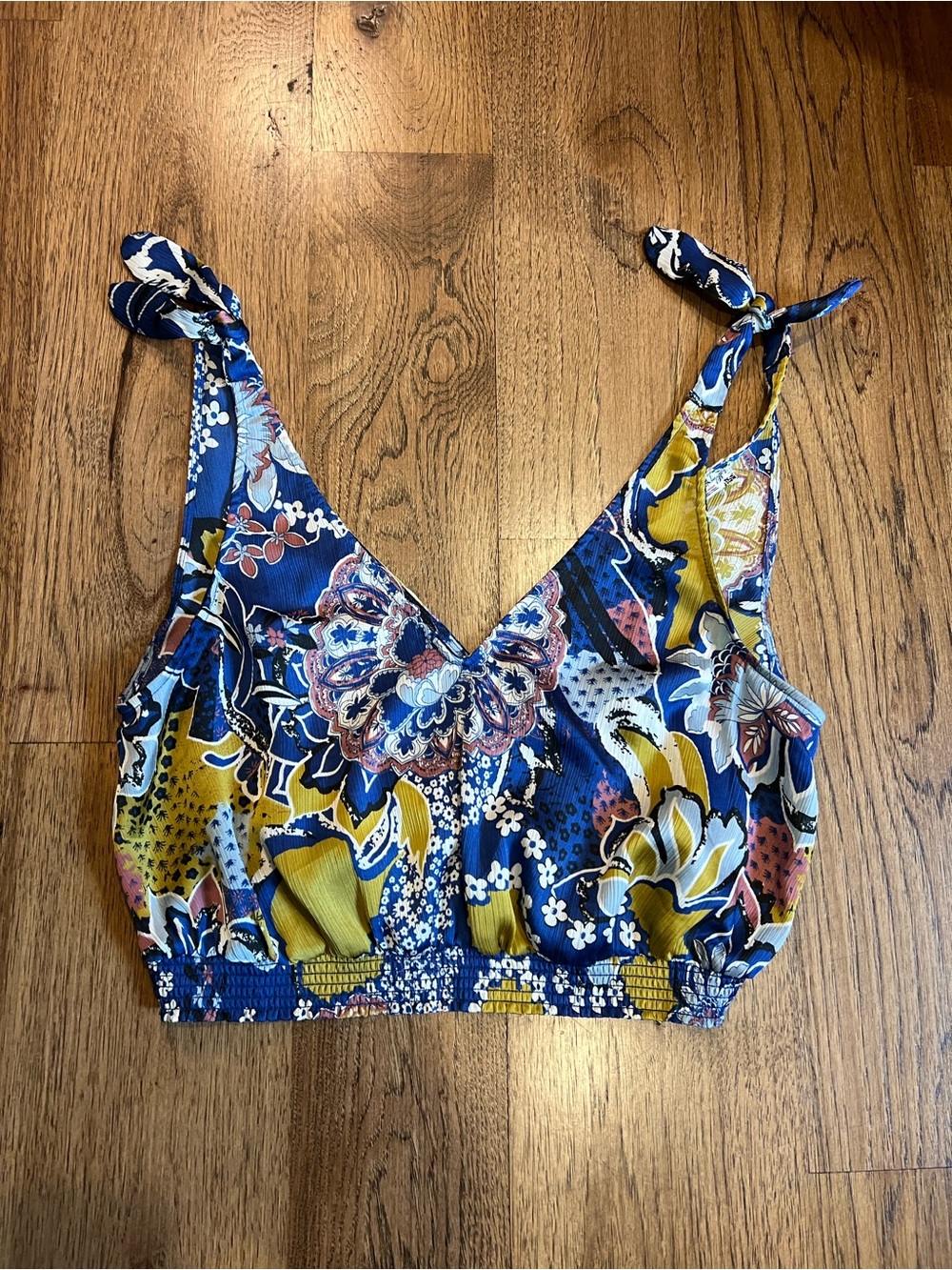 Free People Blue & Mustard Floral Tie-Shoulder Crop Top